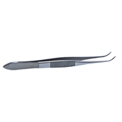 Curved Dressing Forceps With Serrations, Serrated Handle With Polished Finish, Gently Curved Delicate Tips, And Overall Length Of 4" (100mm)   